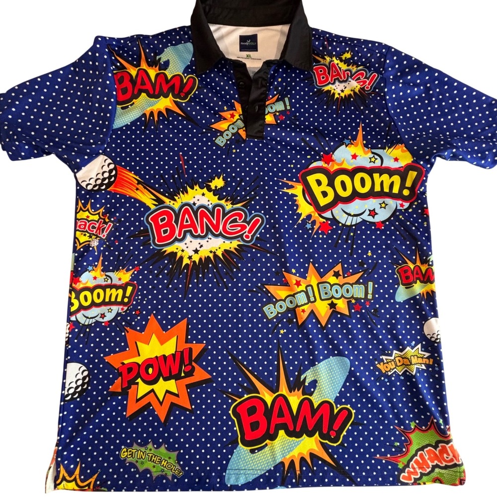ReadyGOLF Mens Comic Book Boom Bang Pow Polka Dot Golf Polo Shirt Blue XL